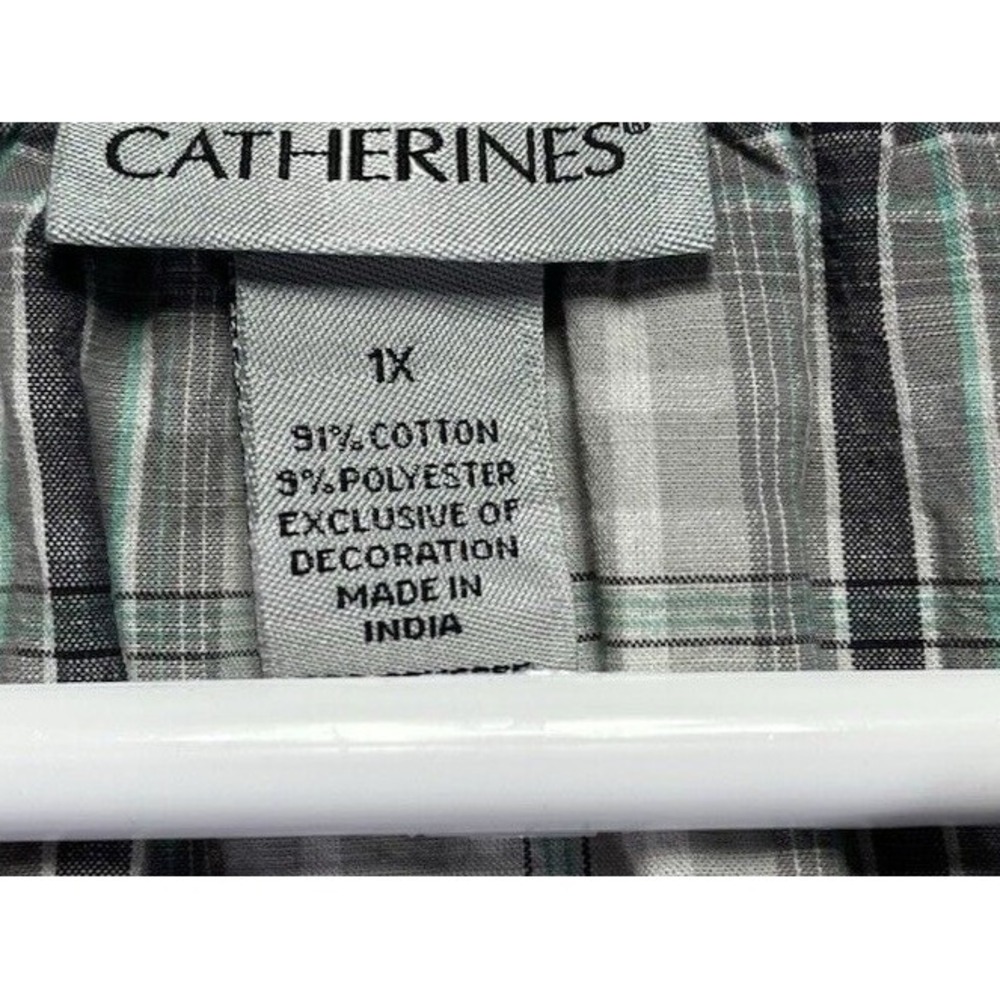 Catherines Plaid Embroidered Babydoll Top 1X Ruffle 3/4 Sleeve Boho Coastal - Picture 4 of 7